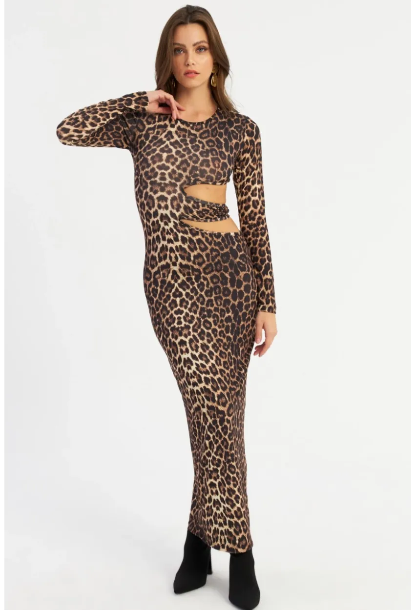 Kadın Camel-Siyah Dekolteli Leopar Maxi Yılbaşı Elbise LİK9