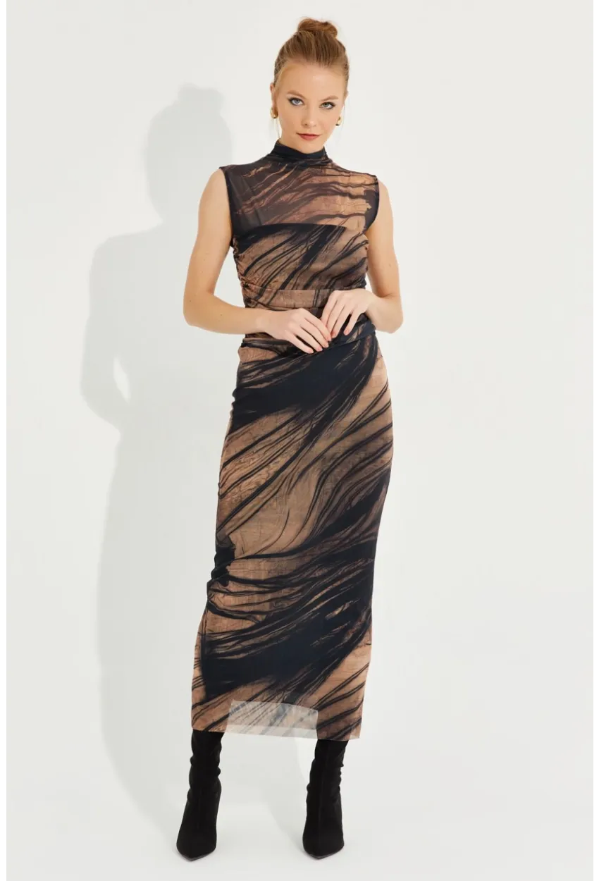 Kadın Camel-Siyah Desenli Maxi Tül Elbise RMZ21181