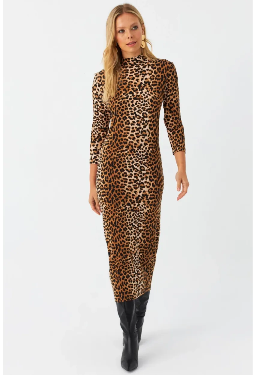 Kadın Camel-Siyah Desenli Midi Elbise MLPP400