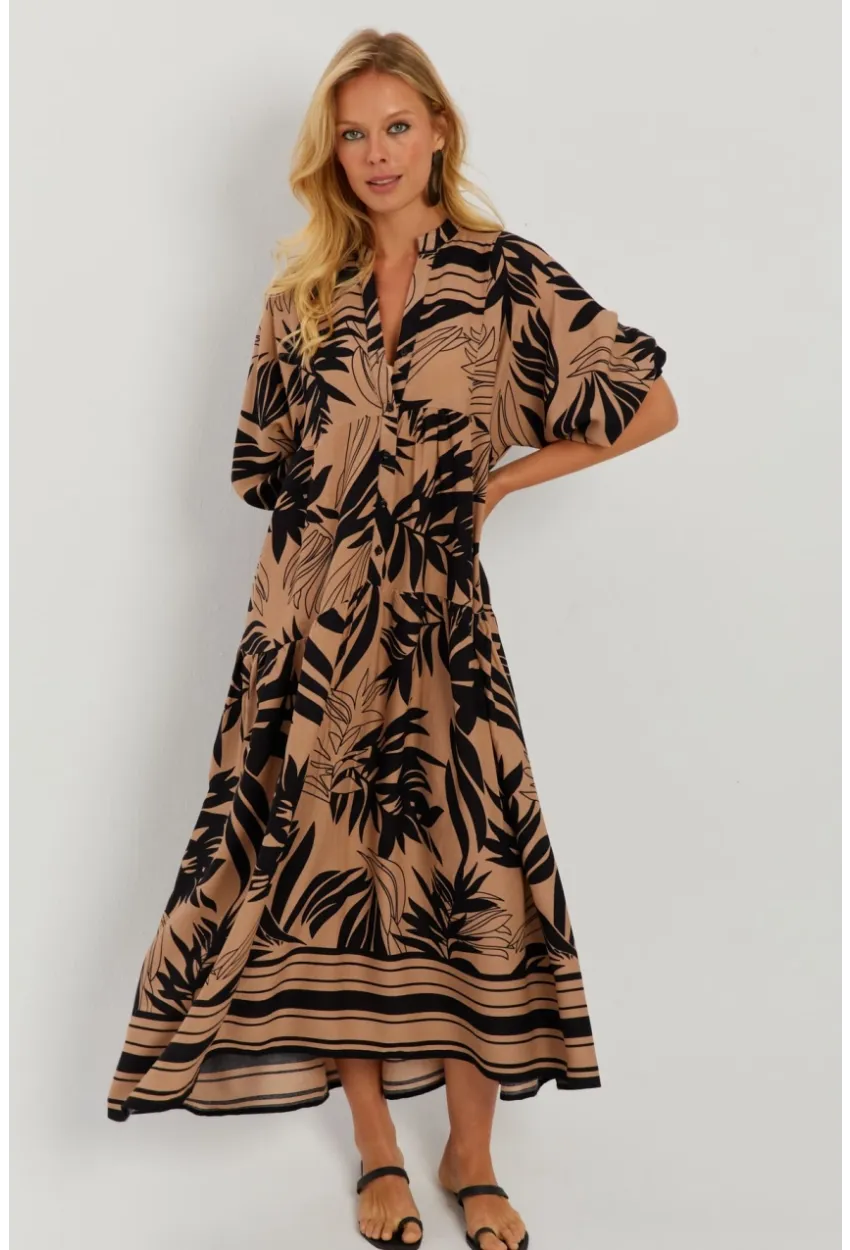 Kadın Camel-Siyah Desenli Salaş Maxi Elbise GÇ166