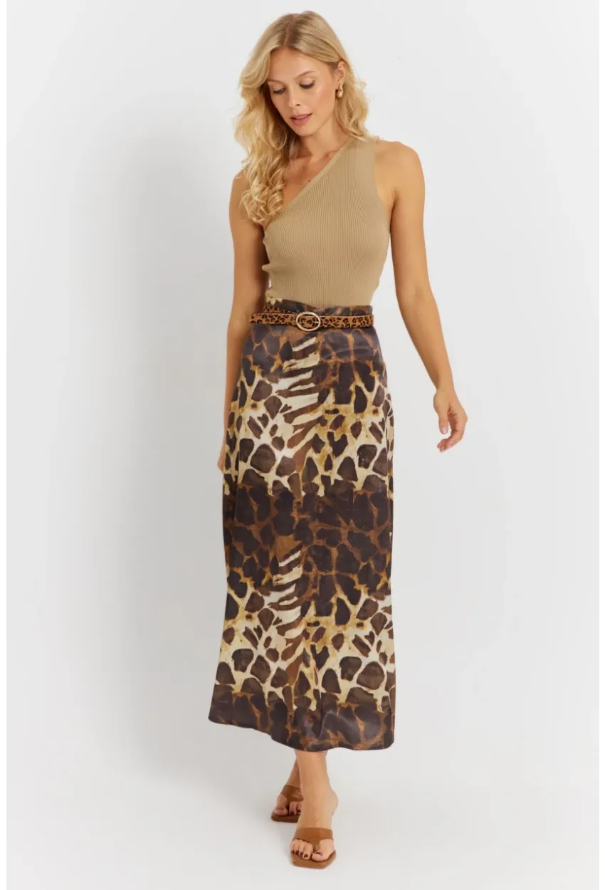 Kadın Camel-Siyah Desenli Saten Etek KED170