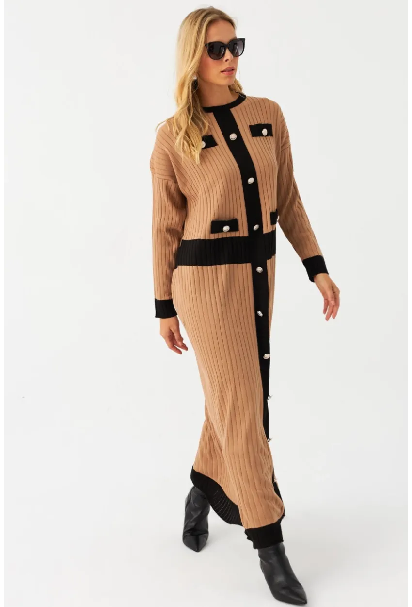 Kadın Camel-Siyah Düğme Detaylı Maxi Elbise MTC3201