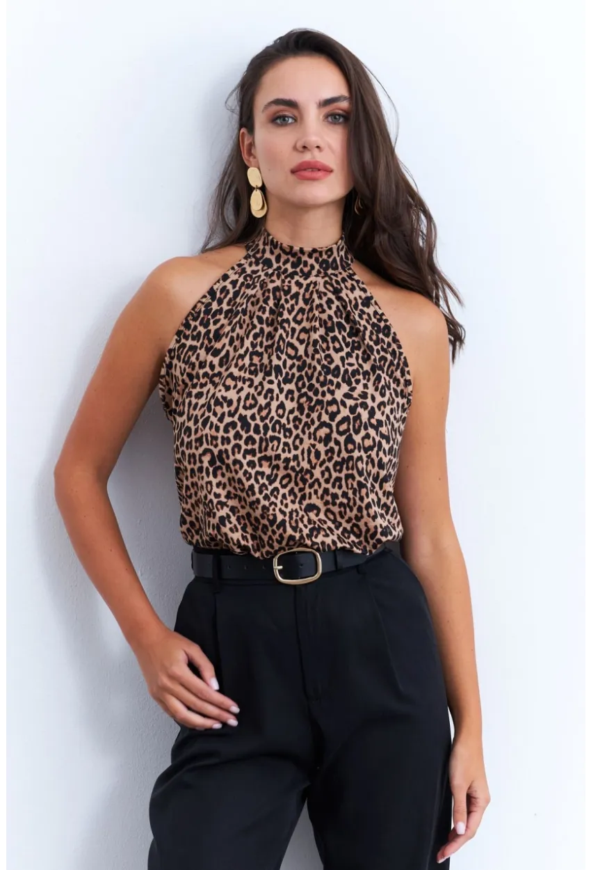 Kadın Camel-Siyah Halter Yaka LeoparDesenli Bluz LPP1273