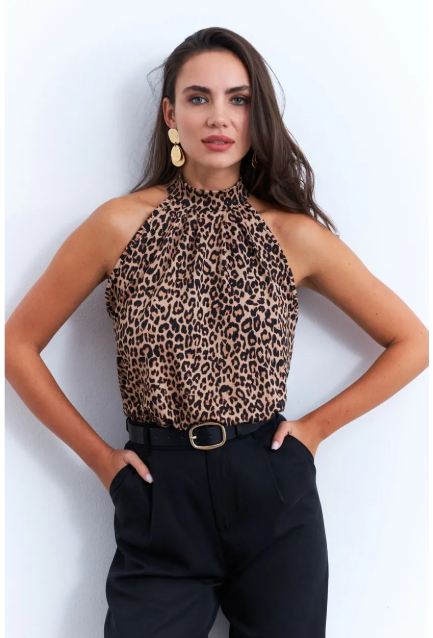 Kadın Camel-Siyah Halter Yaka LeoparDesenli Bluz LPP1273