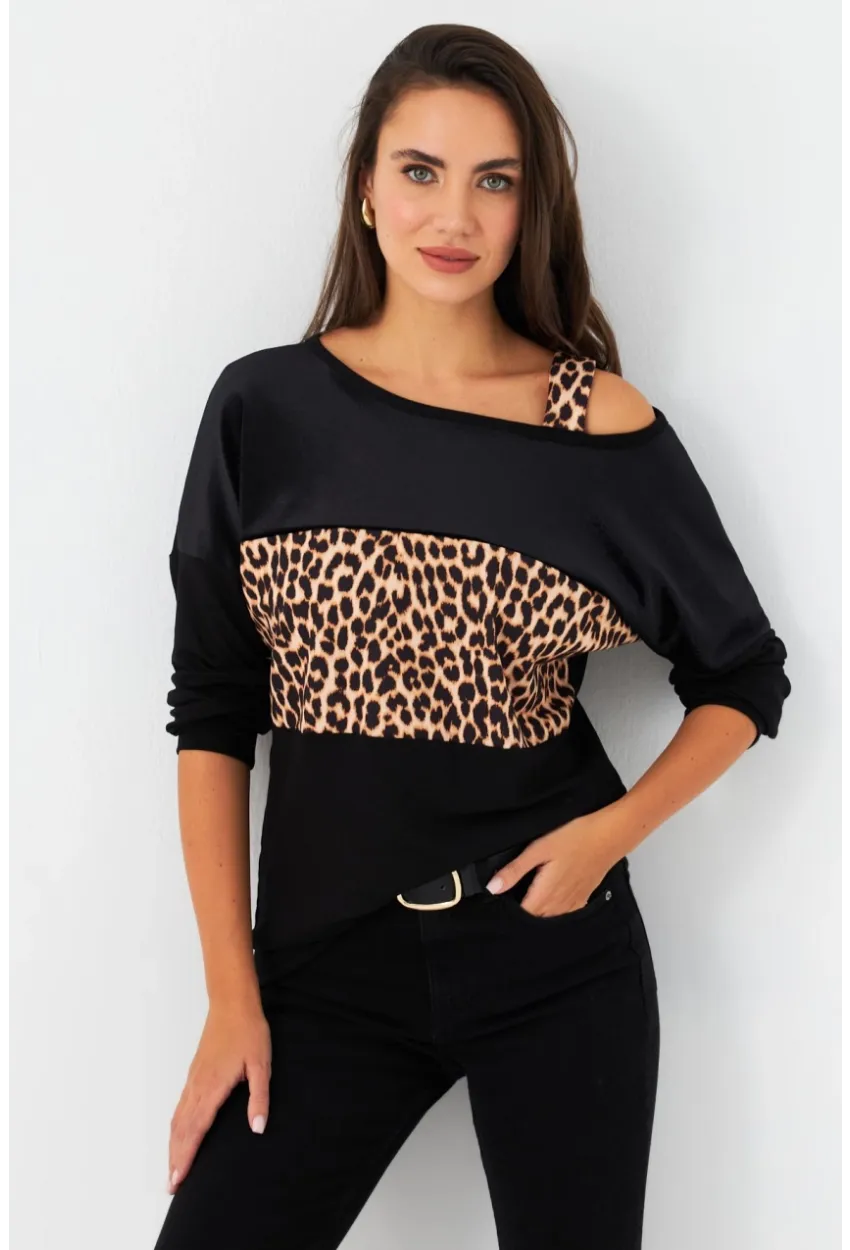 Kadın Camel-Siyah Kadife Bloklu Leopar Desenli Sweatshirt ST097