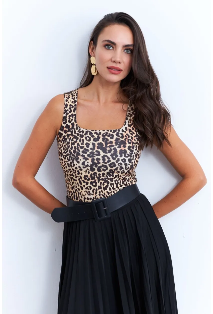 Kadın Camel-Siyah Kare Yaka Leopar Bluz RLO87