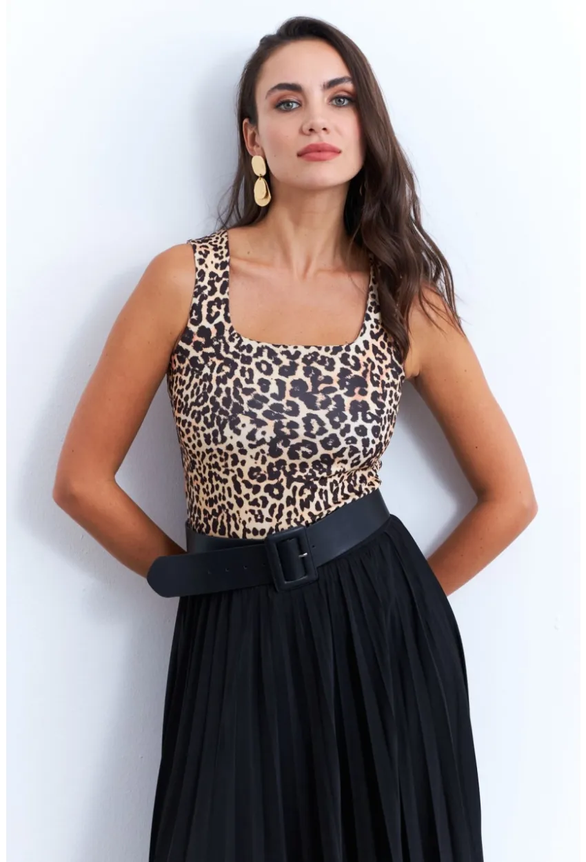 Kadın Camel-Siyah Kare Yaka Leopar Bluz RLO87