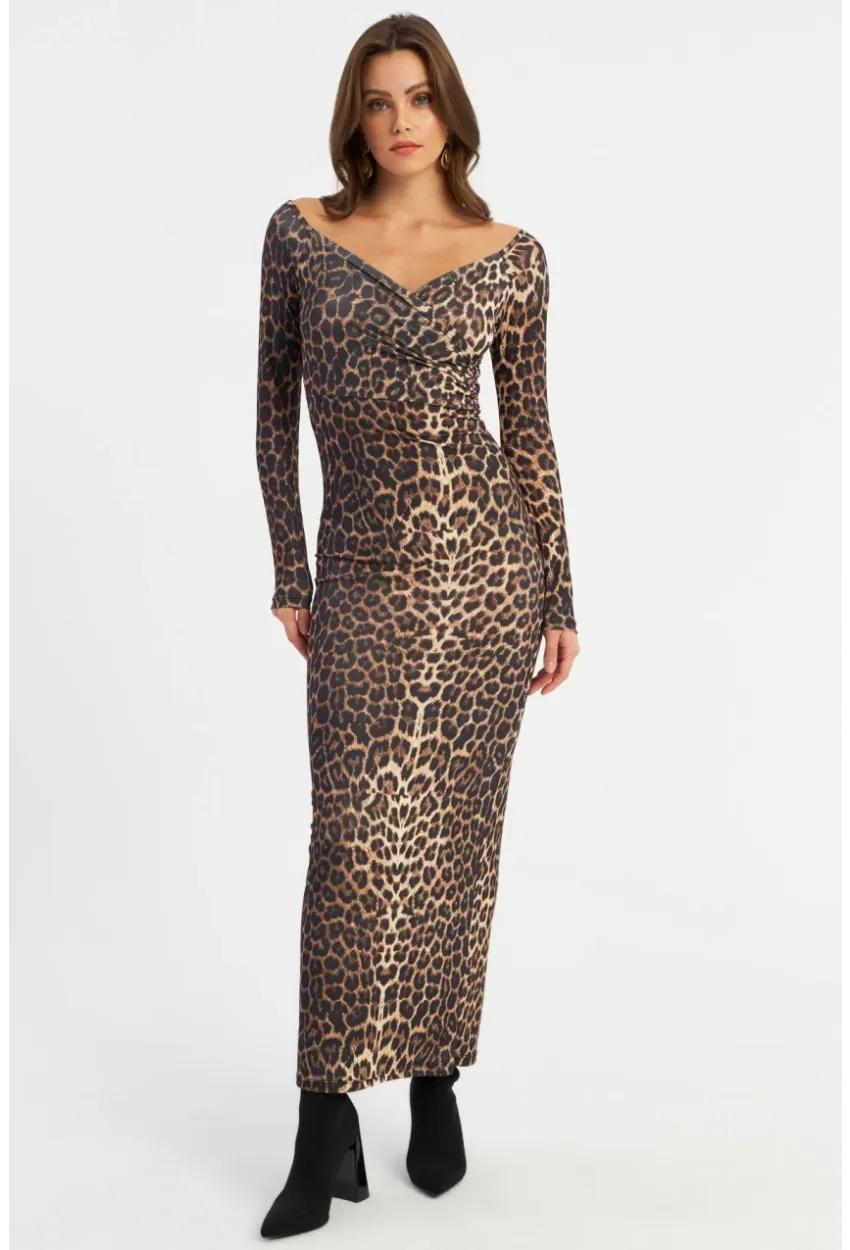 Kadın Camel-Siyah Kruvaze Leopar Maxi Elbise LİK11