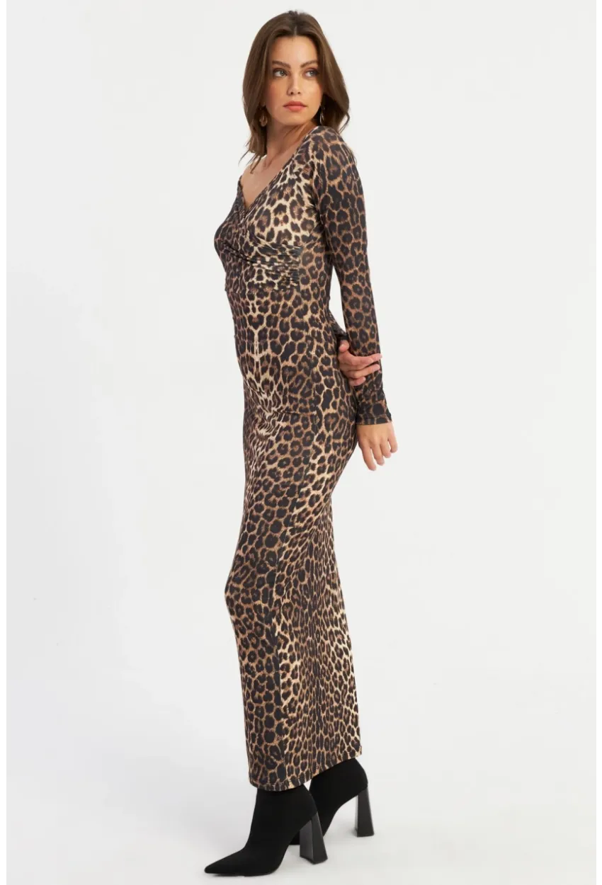 Kadın Camel-Siyah Kruvaze Leopar Maxi Elbise LİK11