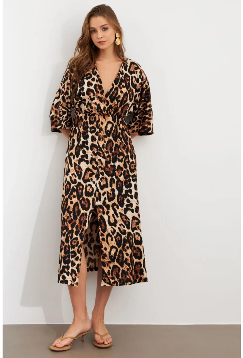 Kadın Camel-Siyah Kruvaze Leopar Midi Elbise KAB306