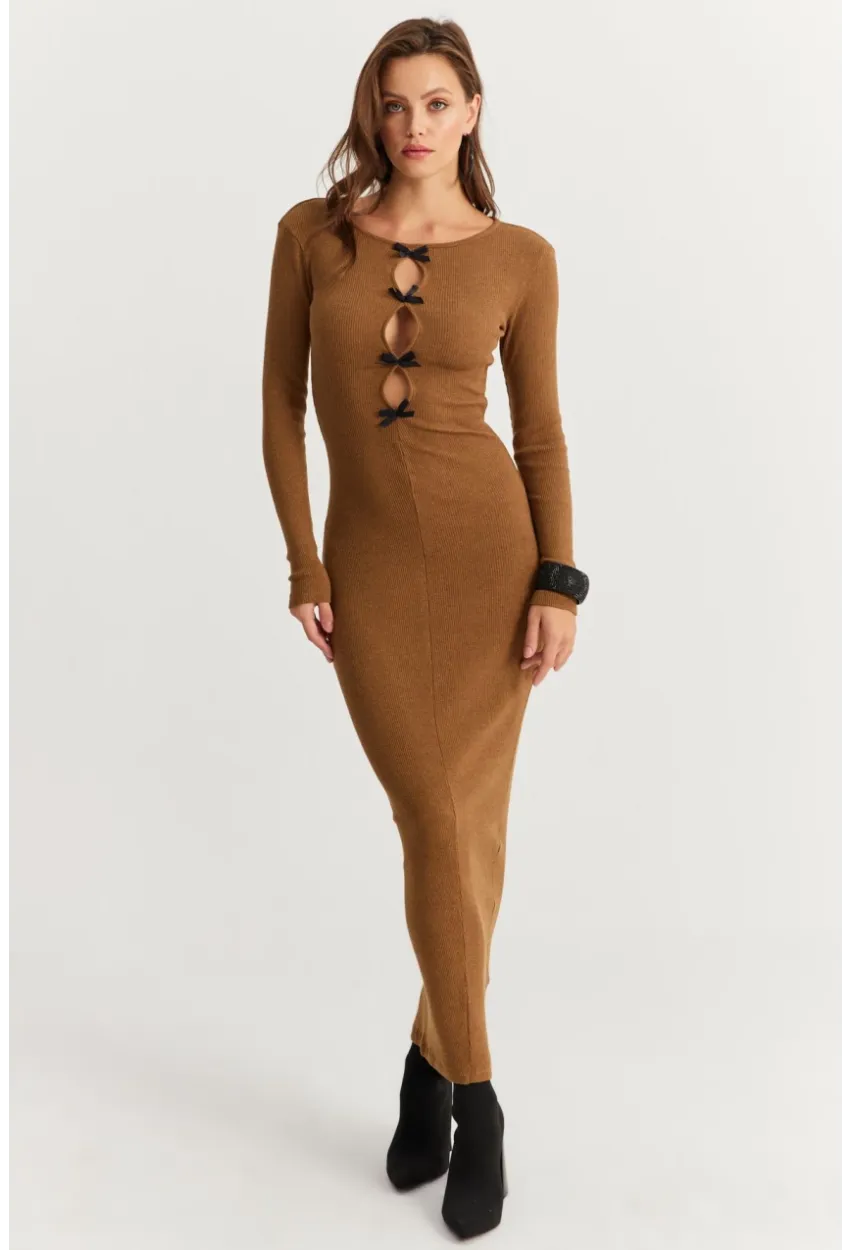 Kadın Camel-Siyah Kurdele Detaylı Kaşkorse Maxi Yılbaşı Elbise XL2043