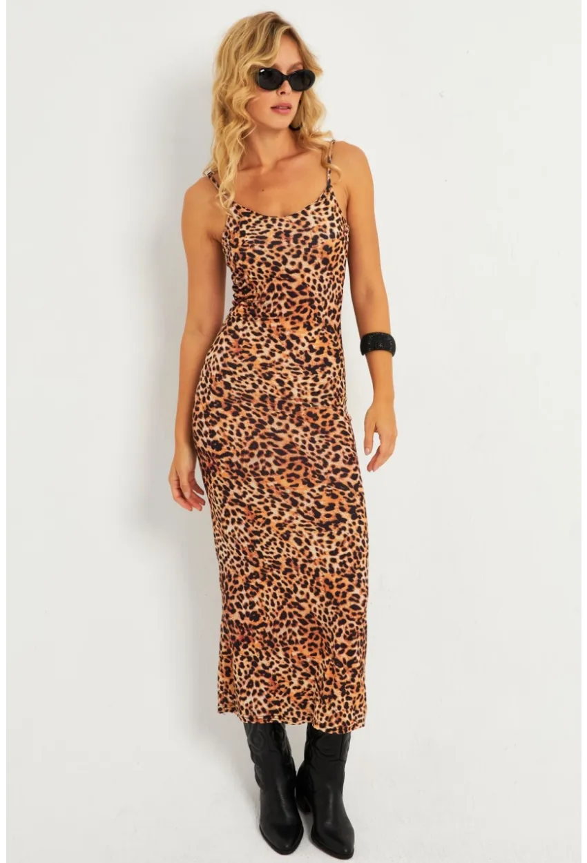 Kadın Camel-Siyah Leopar Askılı Maxi Yılbaşı Elbise GÇ184