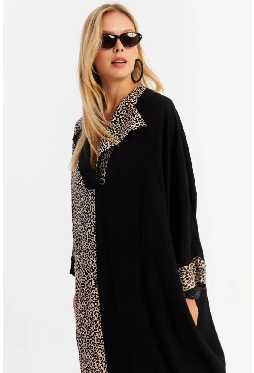 Kadın Camel-Siyah Leopar Bloklu Maxi Elbise MALO15