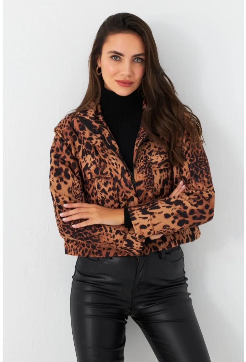 Kadın Camel-Siyah Leopar Crop Ceket ELT1001