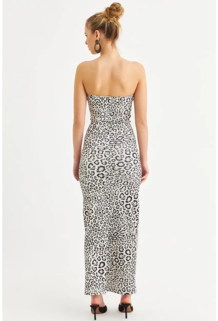 Kadın Camel-Siyah Leopar Desen Straplez Yırtmaçlı Midi Elbise XC005
