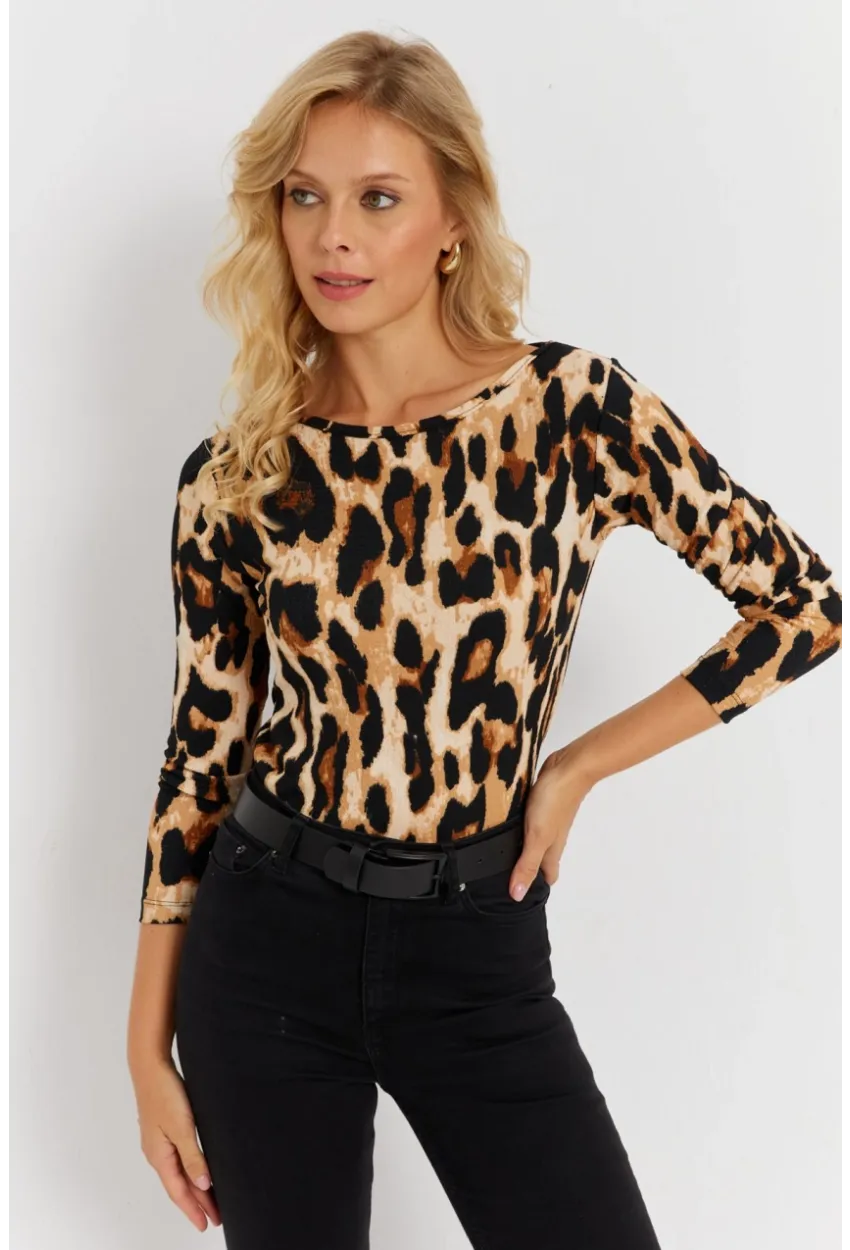 Kadın Camel-Siyah Leopar Desenli Bürümcük Bluz EY2894