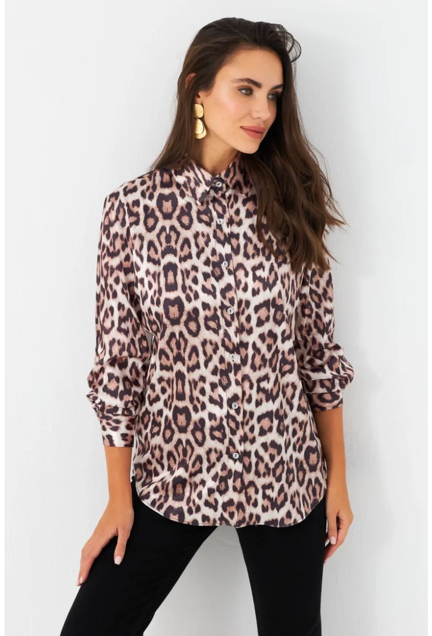 Kadın Camel-Siyah Leopar Desenli Saten Gömlek MRAD5901-1