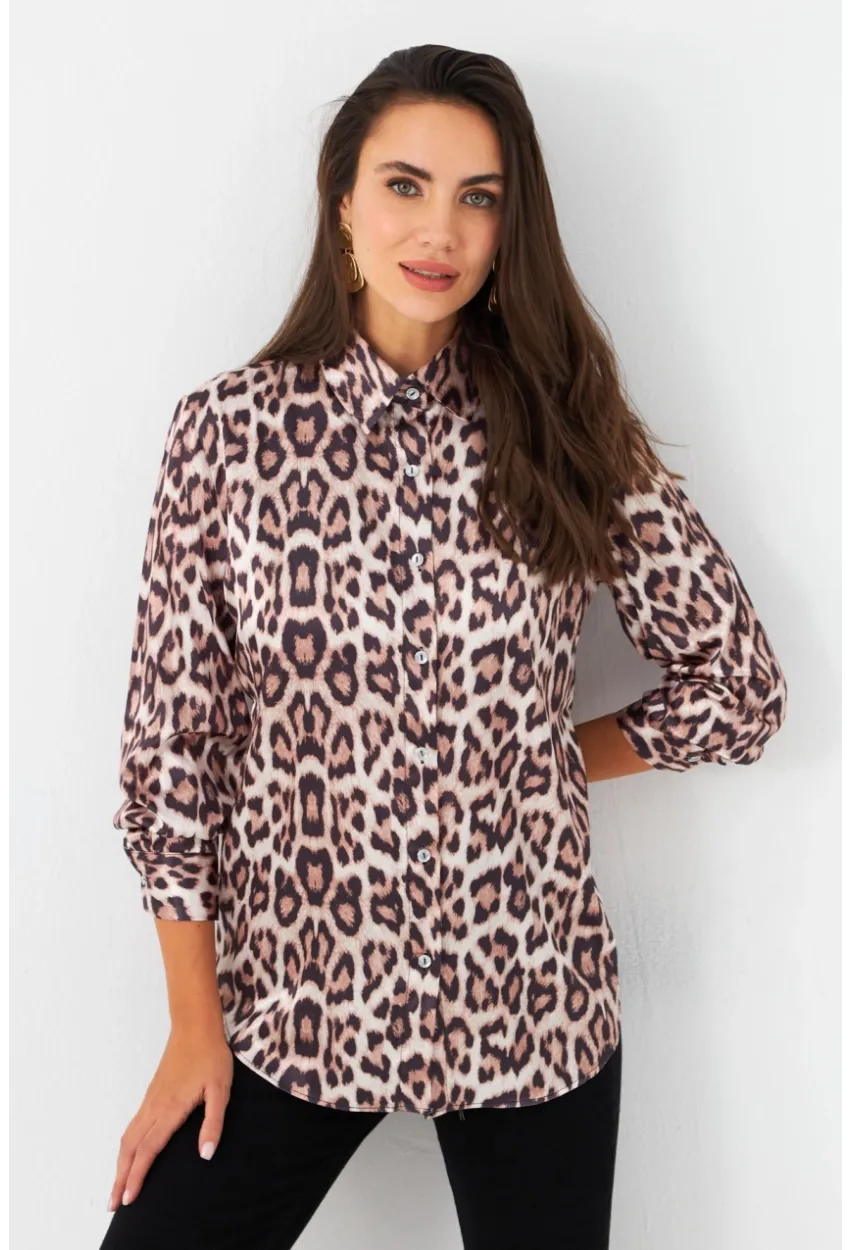Kadın Camel-Siyah Leopar Desenli Saten Gömlek MRAD5901-1