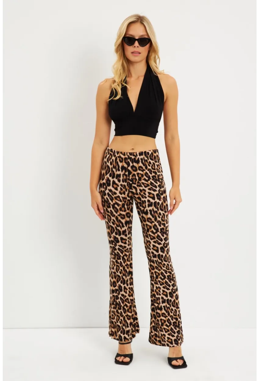 Kadın Camel-Siyah Leopar İspanyol Paça Pantolon LPP1278