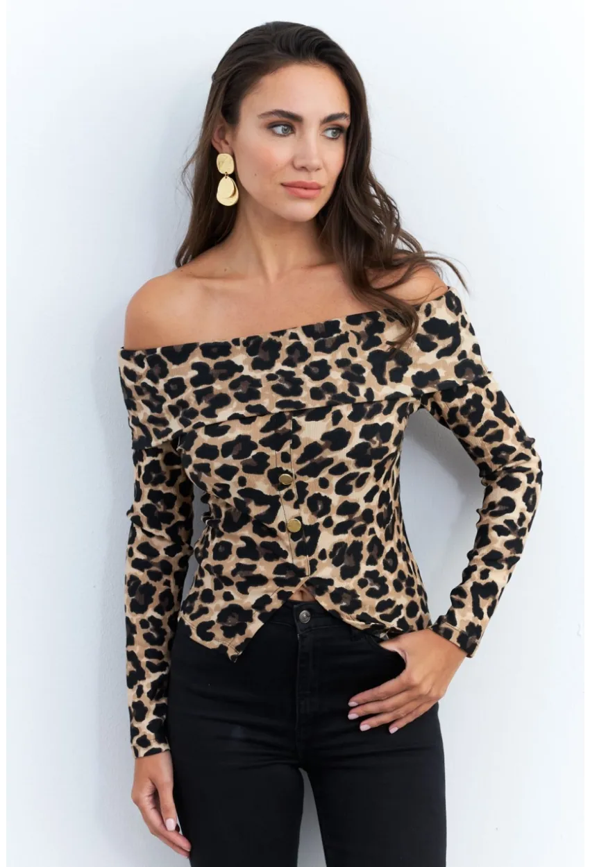 Kadın Camel-Siyah Madonna Yaka Leopar Bluz RLO77