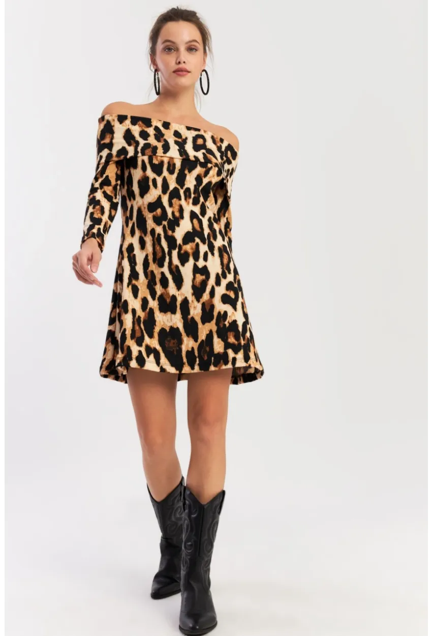 Kadın Camel-Siyah Madonna Yaka Leopar Mini Elbise EY2915