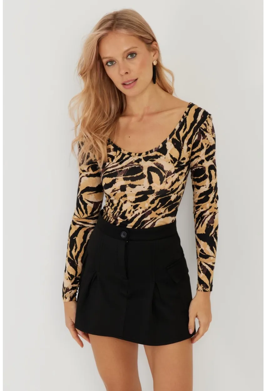 Kadın Camel-Siyah Ön Arka U Zebra Desenli Bluz LPP1266