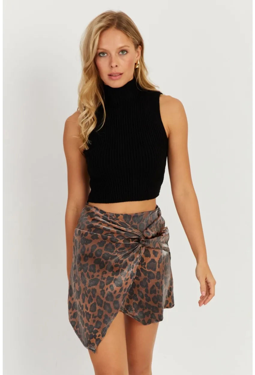 Kadın Camel-Siyah Önü Düğümlü Mini Leopar Etek NH89