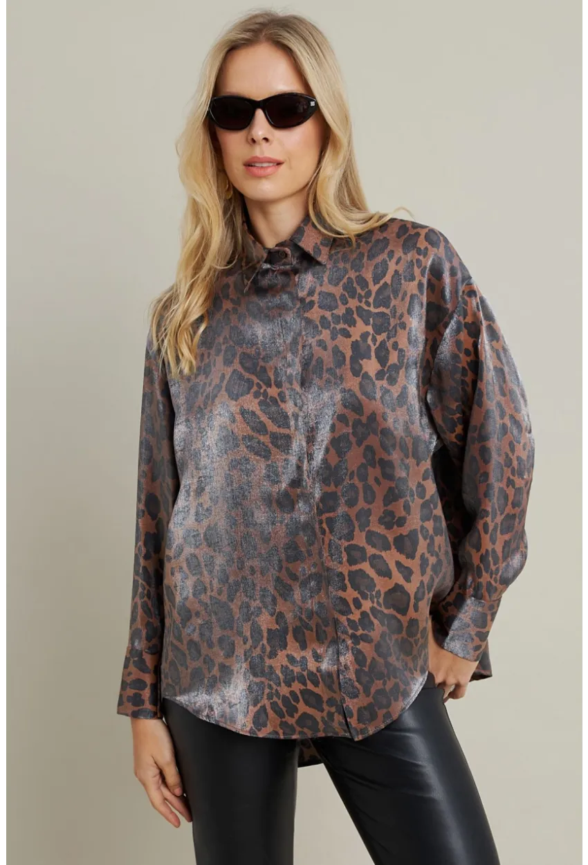Kadın Camel-Siyah Parlak Leopar Salaş Gömlek MMİW1000