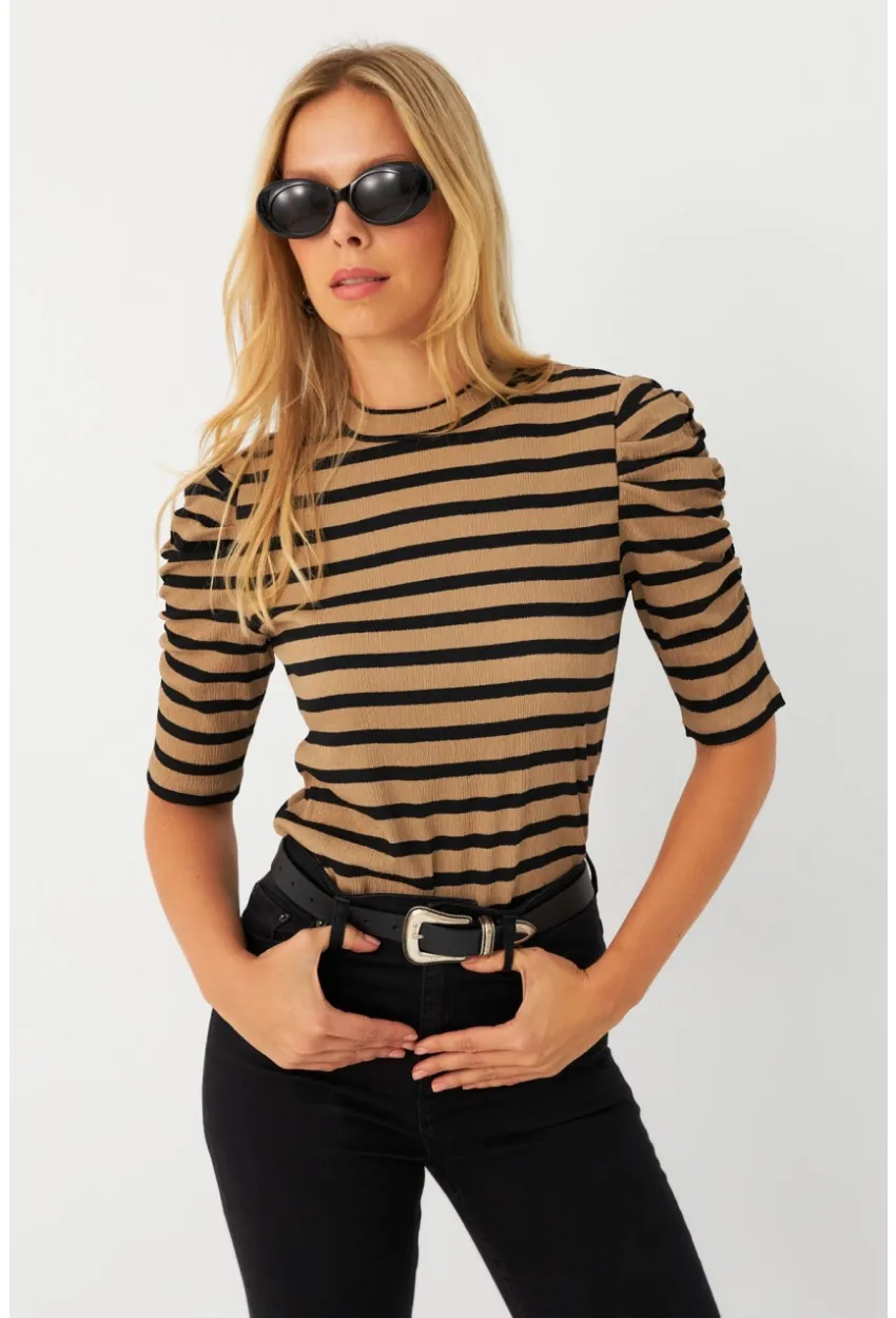 Kadın Camel-Siyah Prenses Kol Bluz MAYD12