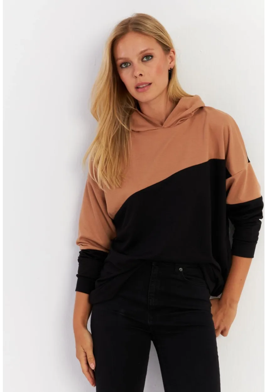 Kadın Camel-Siyah Renk Bloklu Kapüşonlu Sweatshirt DA148