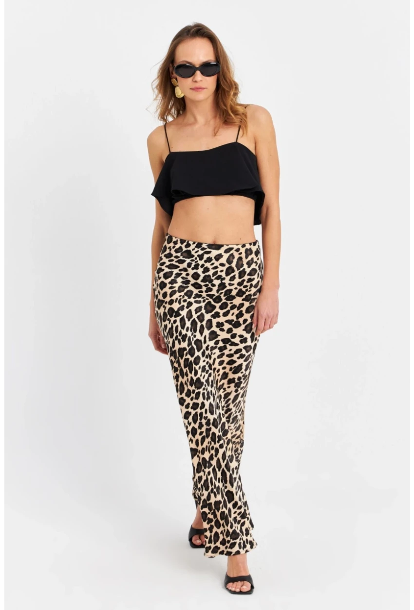 Kadın Camel-Siyah Saten Leopar Etek CAR2431