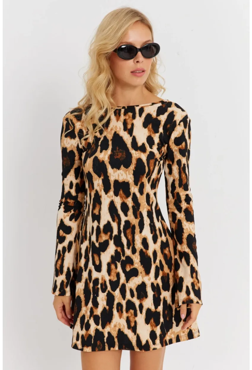Kadın Camel-Siyah Sırtı Açık Leopar Desenli Midi Elbise EY2891