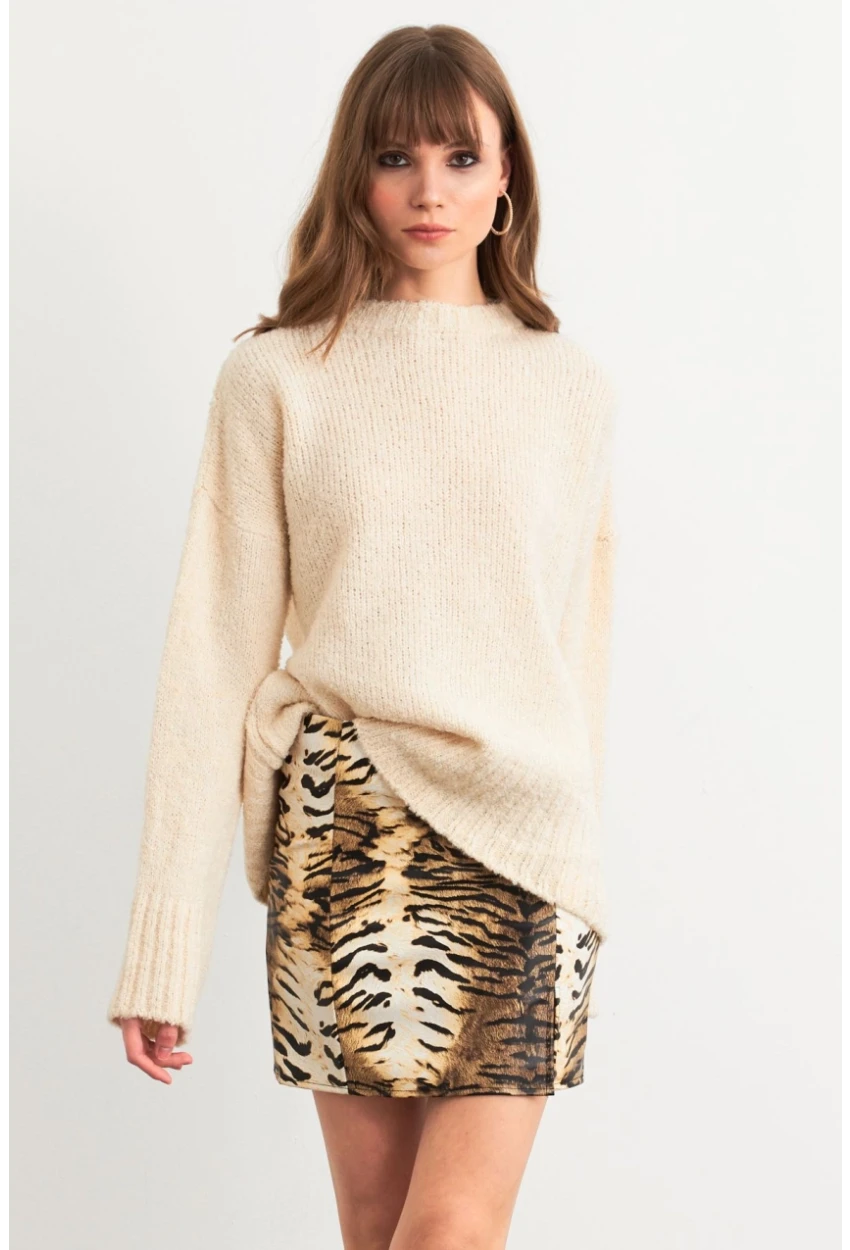 Kadın Camel-Siyah Suni Deri Zebra Desenli Mini Etek NH24475