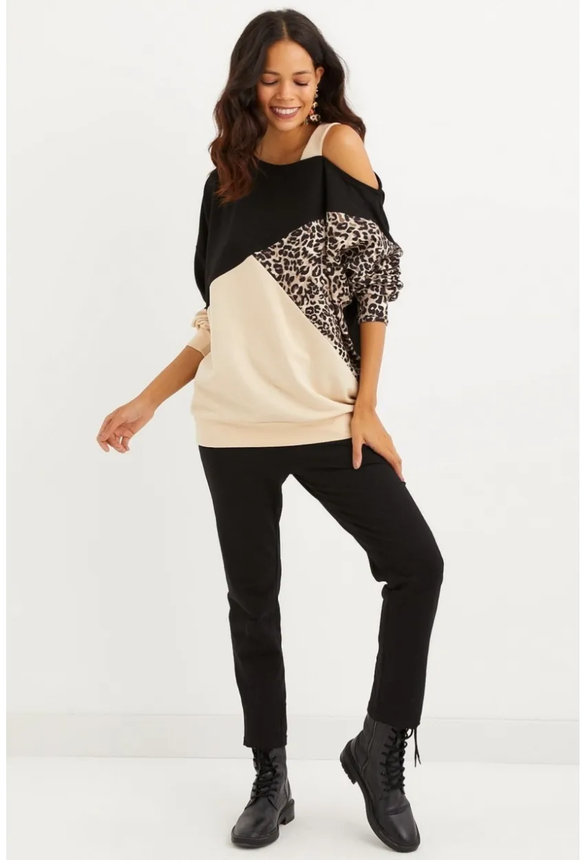 Kadın Camel-Siyah Tek Omuz Leopar Desen Bloklu Sweatshirt MBK231066