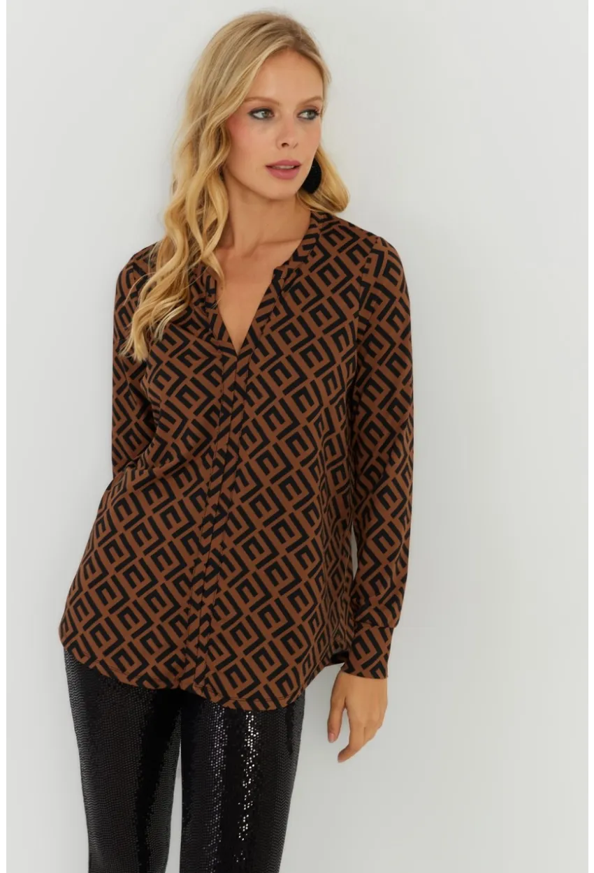Kadın Camel-Siyah V Yaka Bluz AYD258