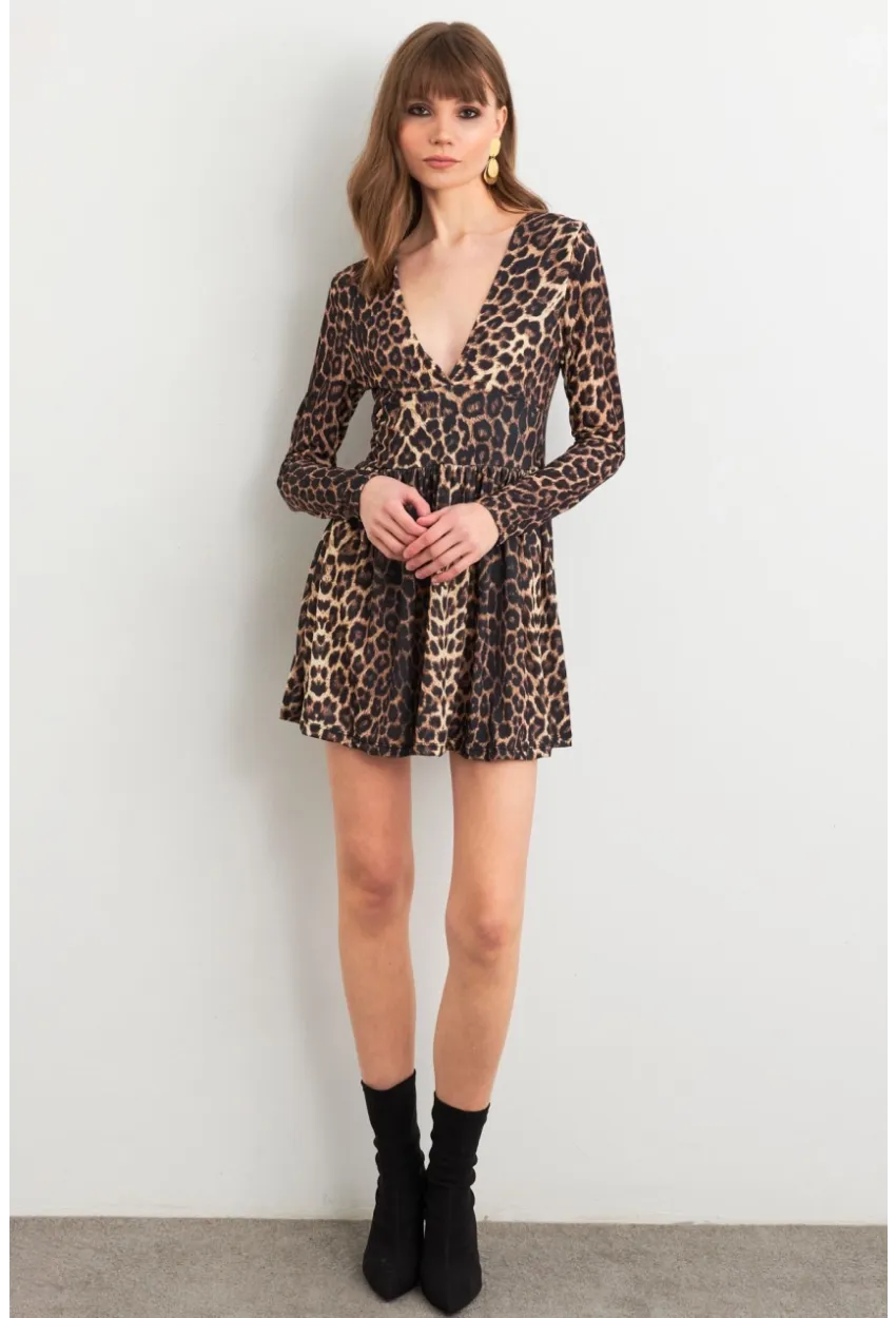 Kadın Camel-Siyah V Yaka Leopar Mini Elbise LİK17