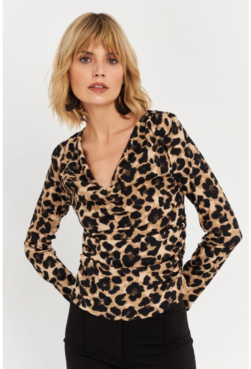 Kadın Camel-Siyah Yanları Büzgülü Degaje Leopar Bluz FRY2272