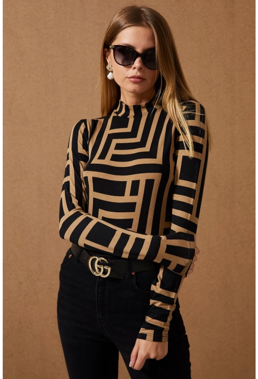 Kadın Camel-Siyah Yarım Balıkçı Desenli Bluz LPP1147