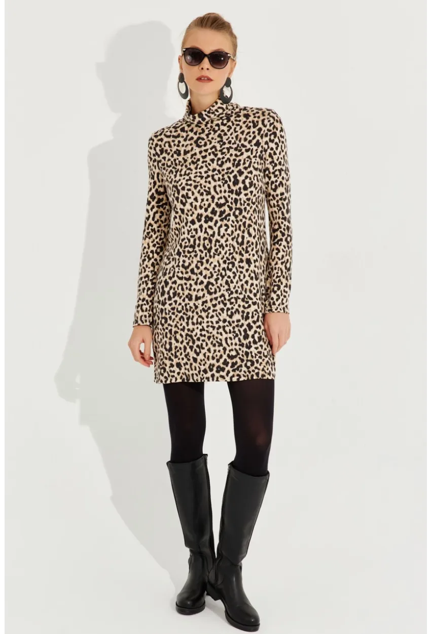 Kadın Camel-Siyah Yumoş Leopar Mini Elbise AYD253