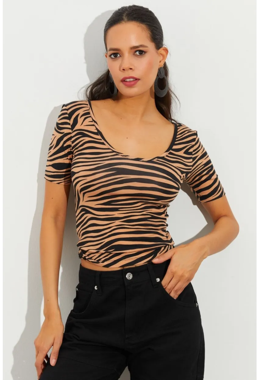 Kadın Camel-Siyah Zebra Desenli Bluz LPP1224