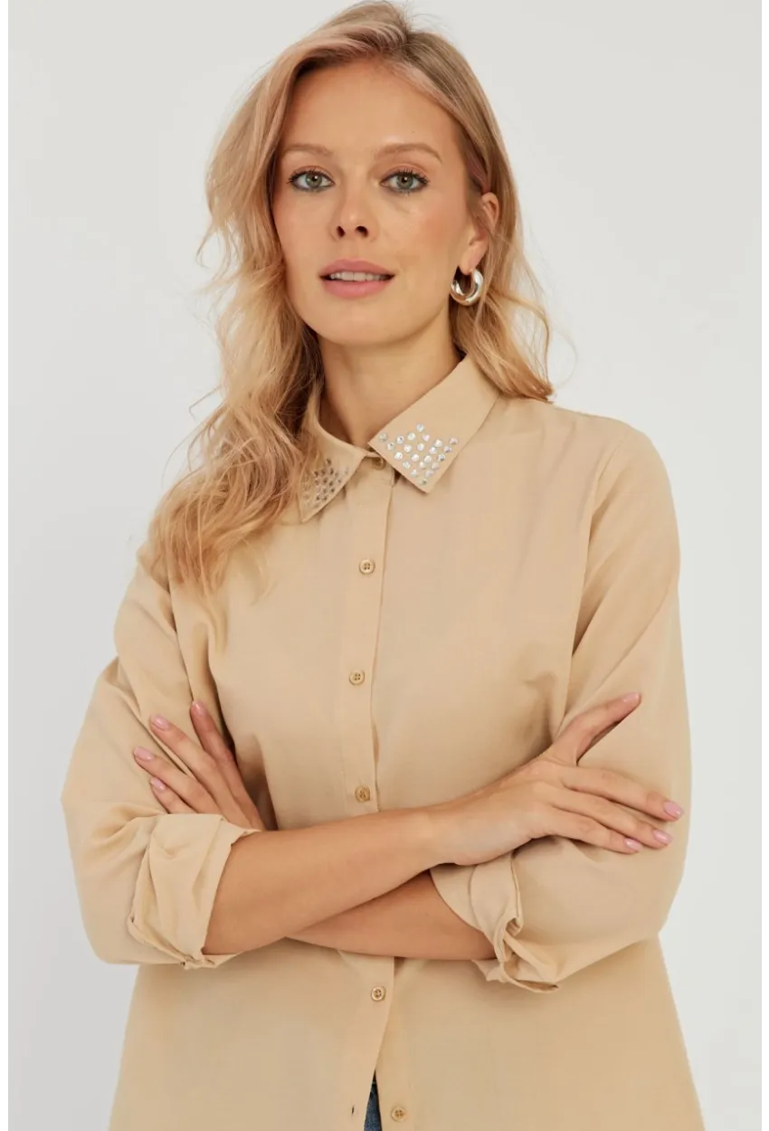 Kadın Camel Taş Detaylı Gömlek ZER402