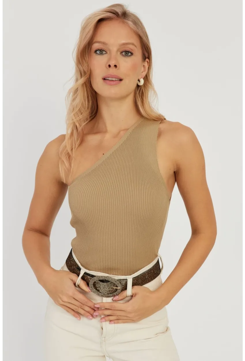 Kadın Camel Tek Omuz Triko Bluz YV90