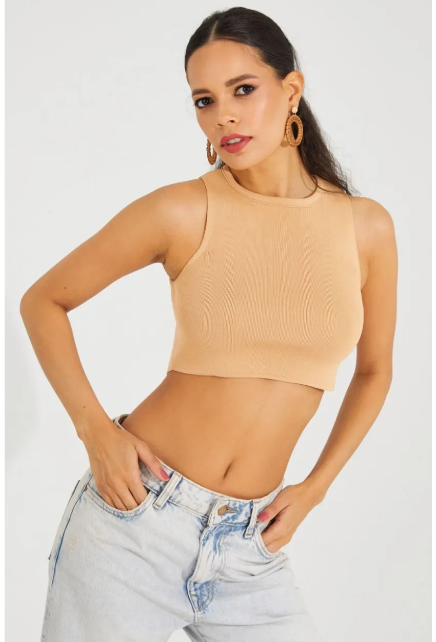 Kadın Camel Triko Crop Triko Bluz KZ2447