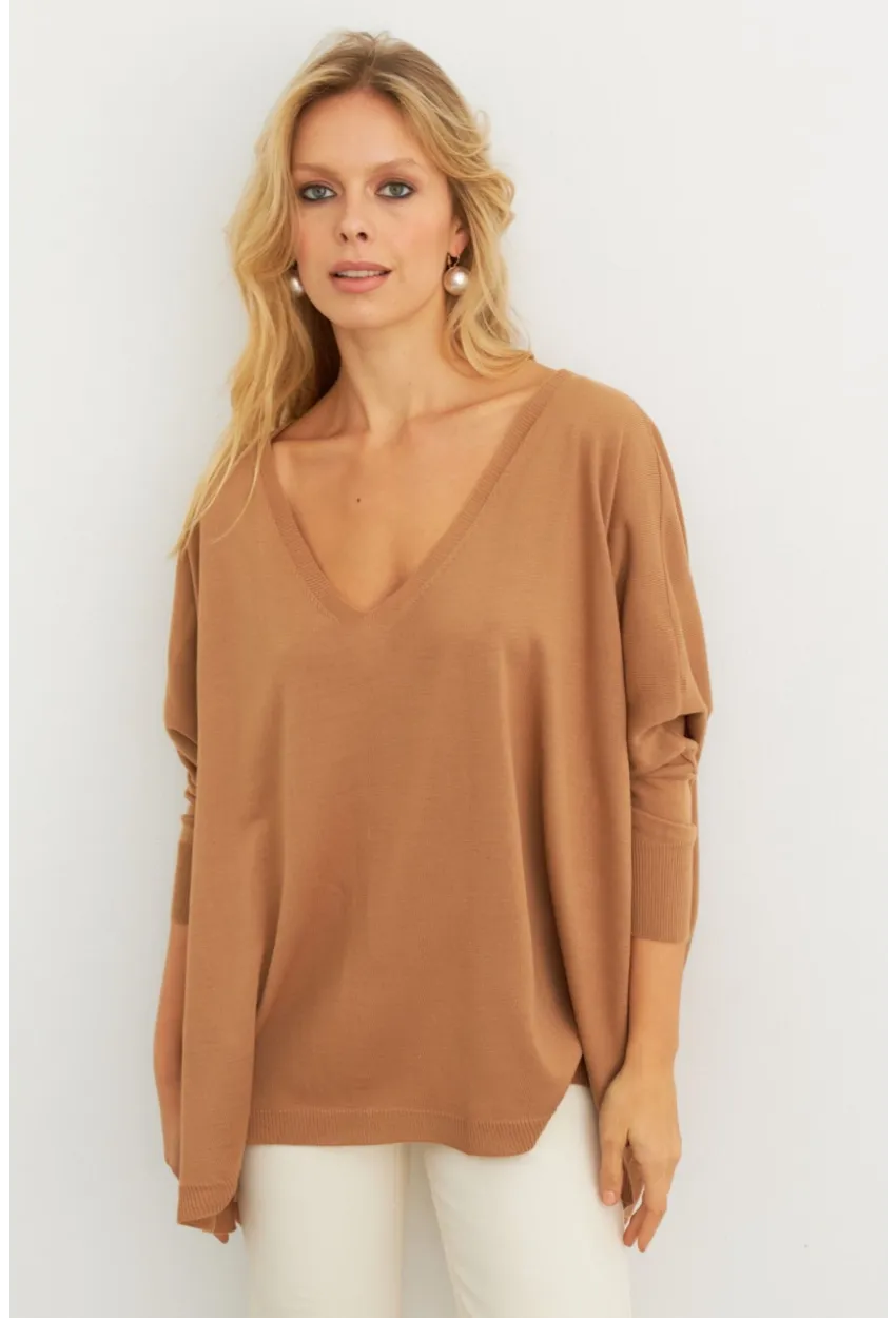Kadın Camel V Yaka Salaş Bluz YV304