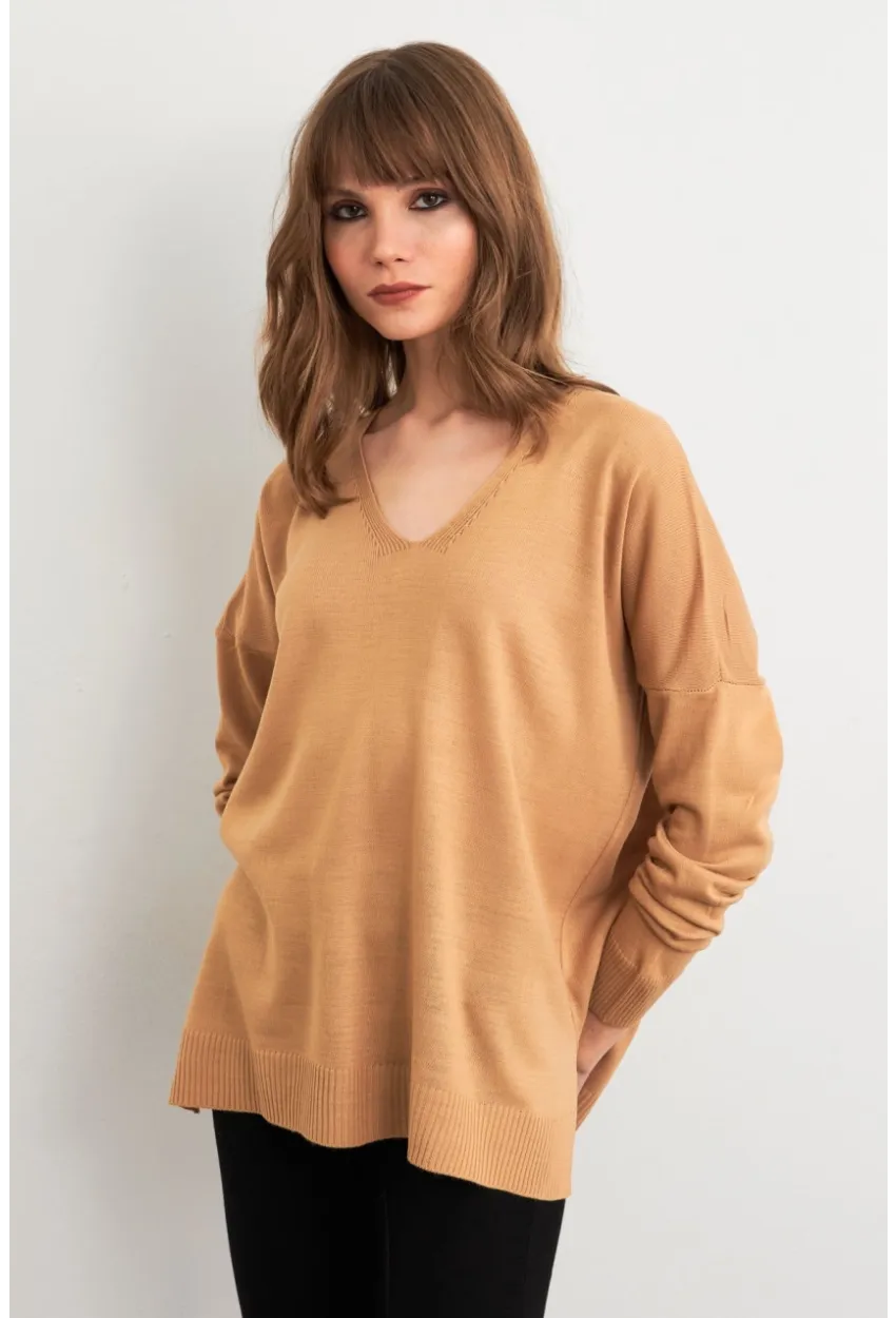 Kadın Camel V Yaka Triko Kazak YİL549