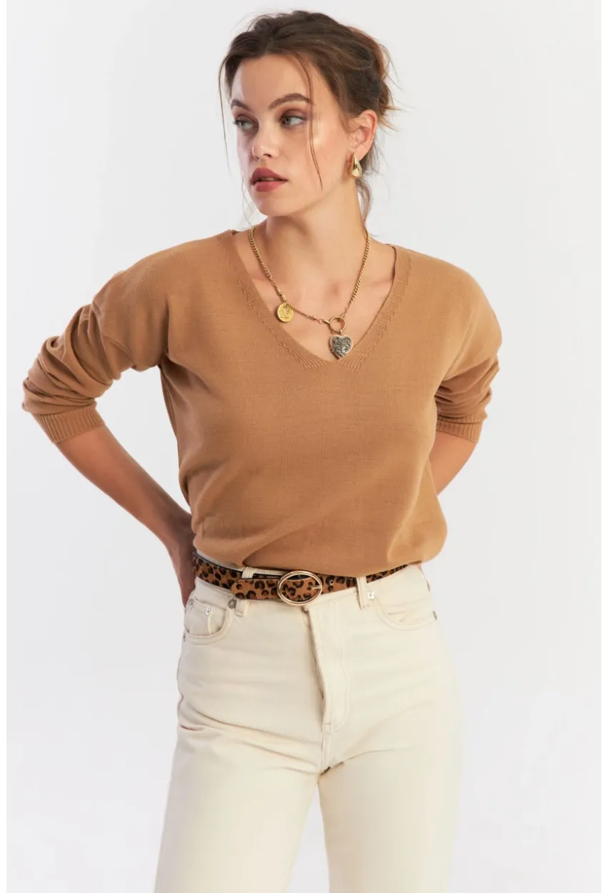 Kadın Camel V Yaka Yalaş Triko Bluz YİL552