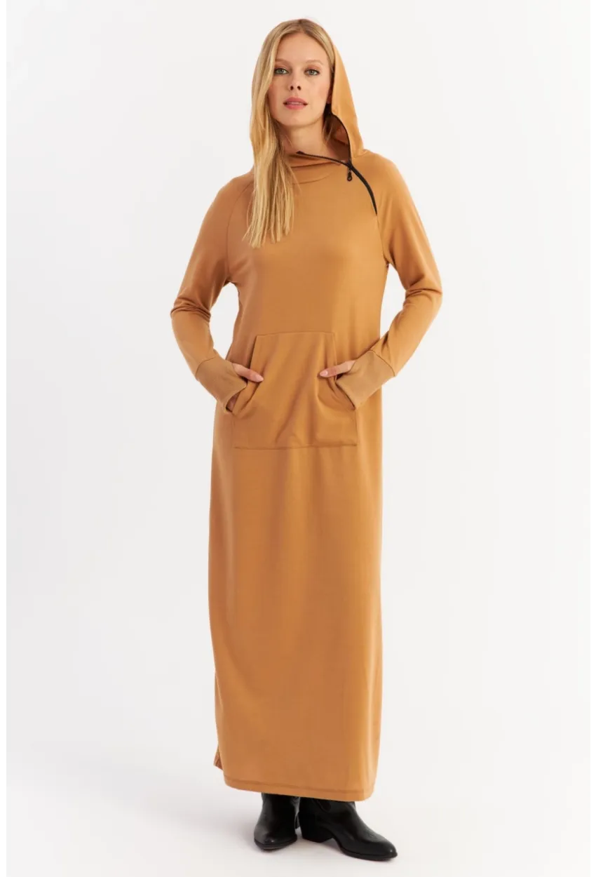 Kadın Camel Yakası Fermuarlı Maxi Sweat Elbise MTF12