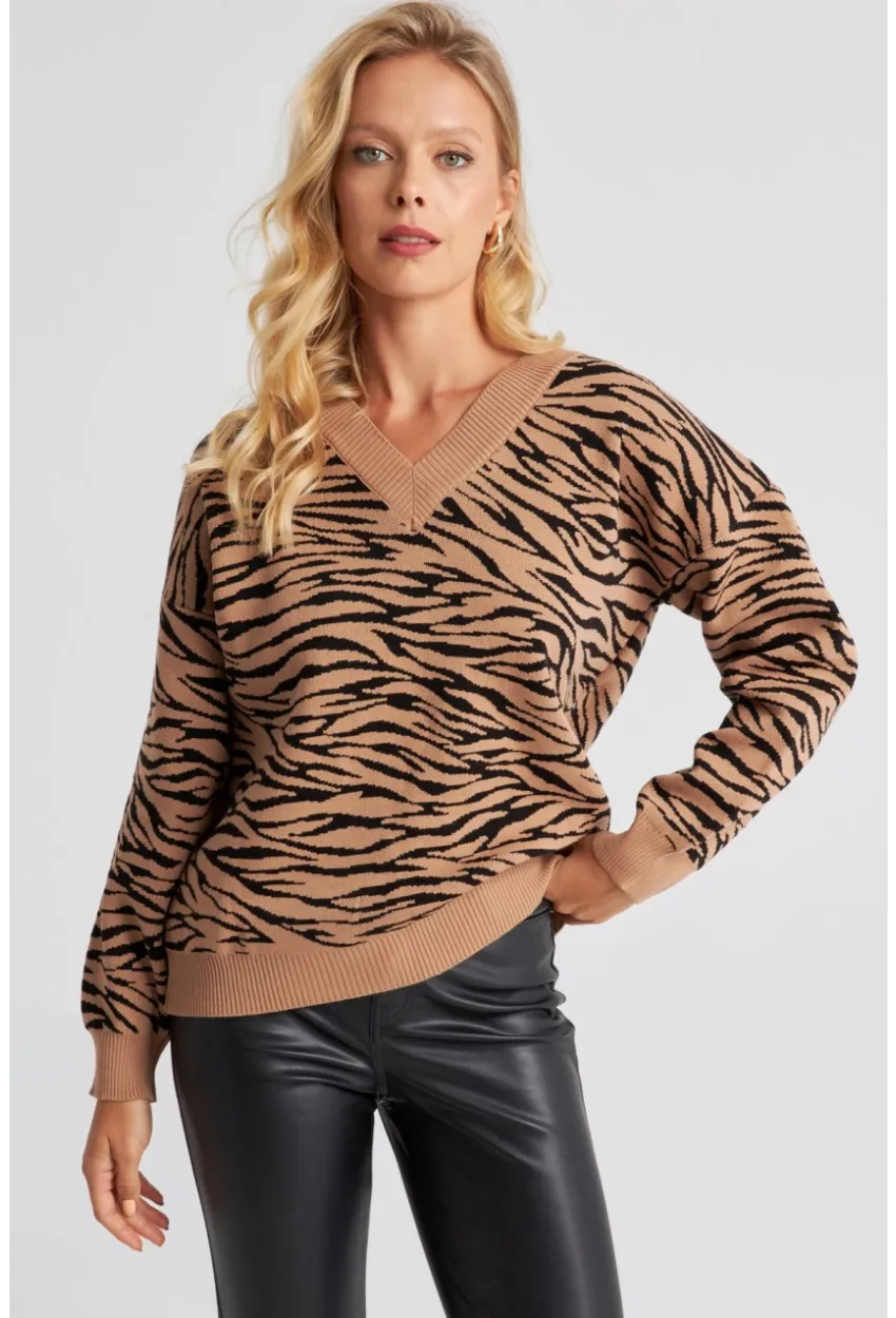 Kadın Camel Zebra Desenli Triko Kazak YZ521