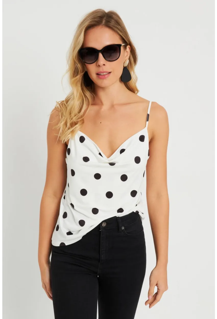 Kadın Degaje Yaka Puantiyeli Bluz Beyaz-Siyah LPP1255