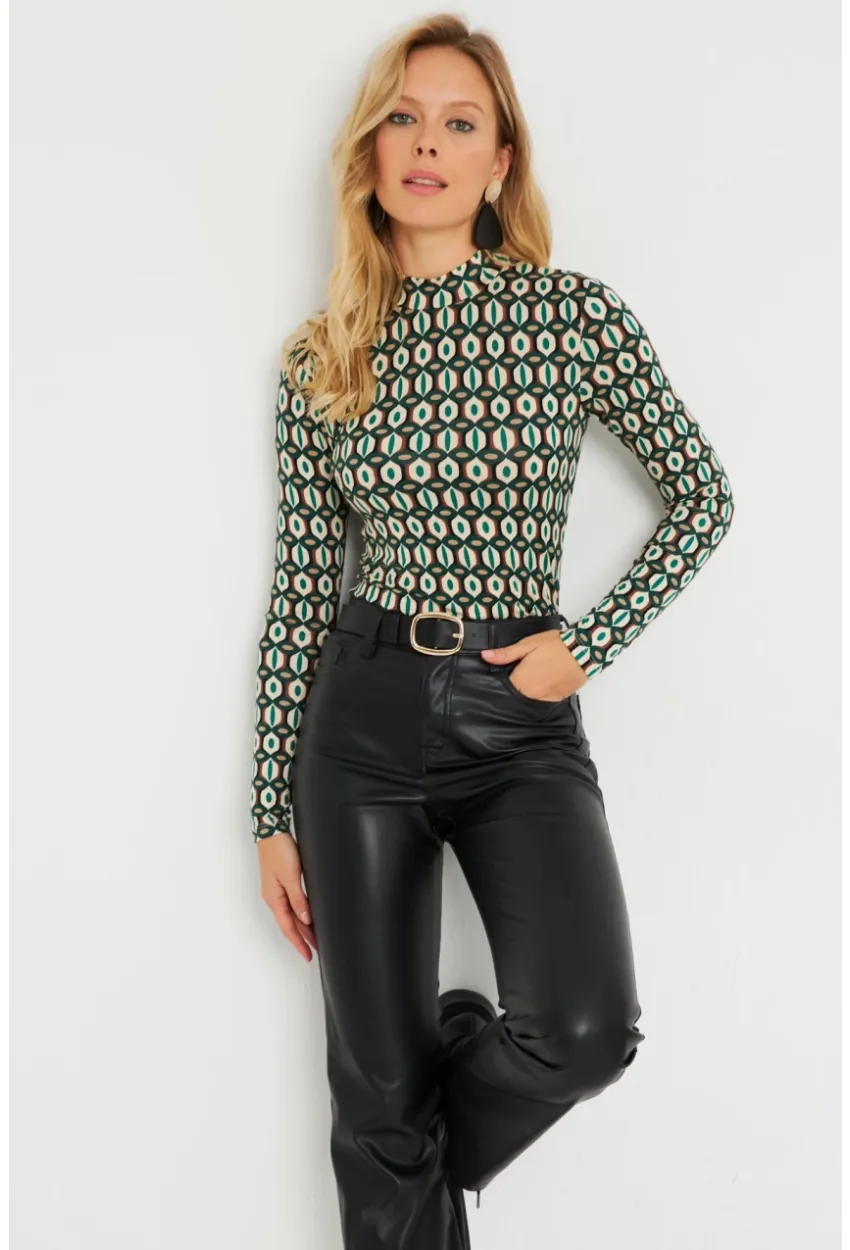 Kadın Desenli Bluz Ekru-Yeşil AYD288